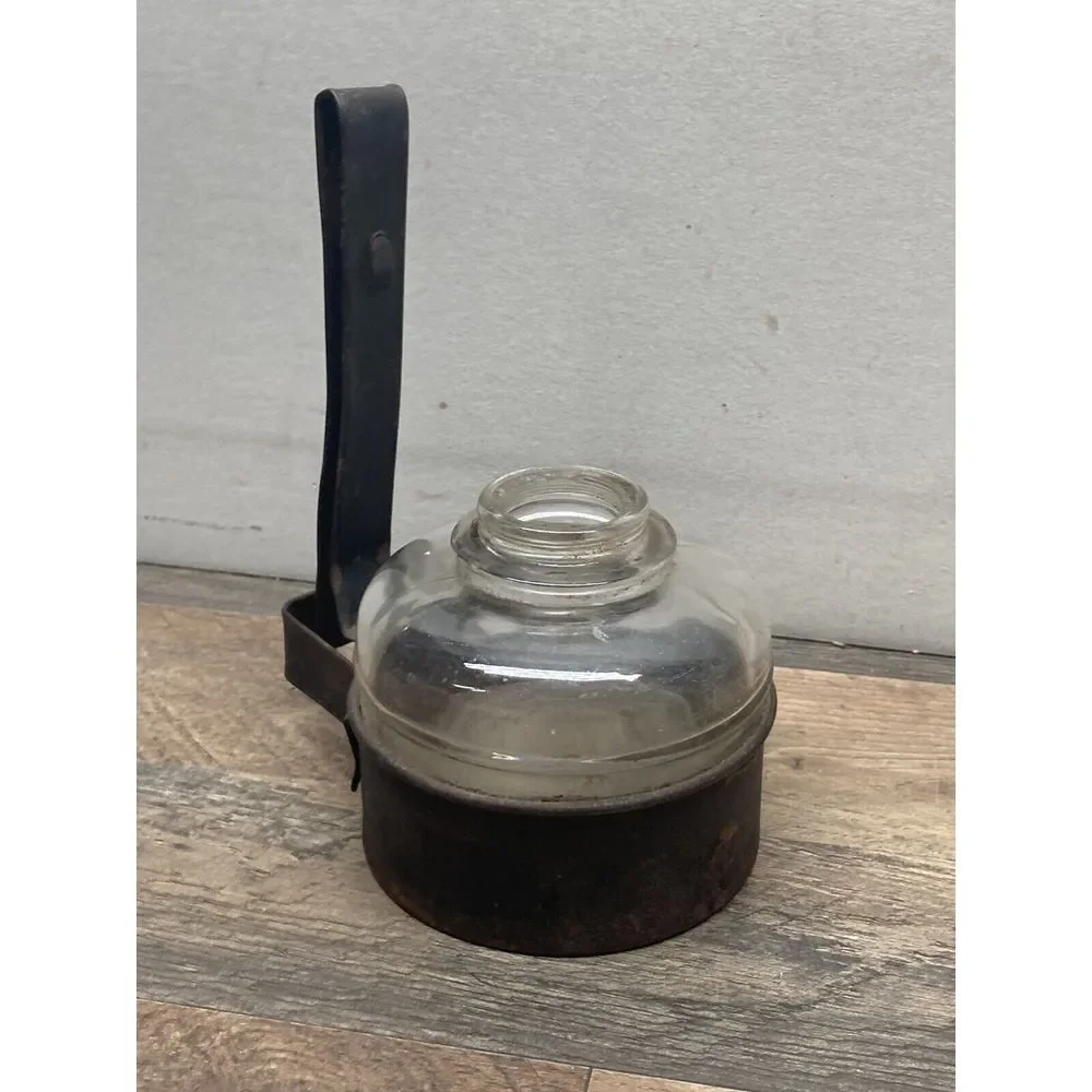 Vintage 1920's Metal‎ Wall Mount Miner Oil Lamp Holder & Glass Oil Lamp Base